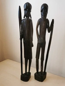 Slender Antique Pair Duo Tribal Warriors Ebony Dark Wood Standing & Wall Décor - Picture 1 of 15