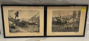 Lot Of 2 Antique Signed Etching Print Early 1900s Farm Land Historic Landscape - Picture 1 of 6