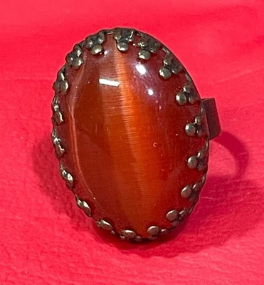 Anel feminino artesanal laranja olho de gato ornamentado ajustável 6 a 9 feito nos EUA - Imagem 1 de 4