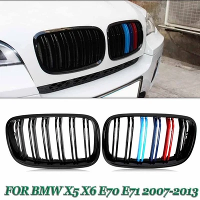 Gloss Black M-Color Front Kidney Grill Dual Slat For BMW X5 X6 E70 E71 2007-2013 Foto 1 de 4