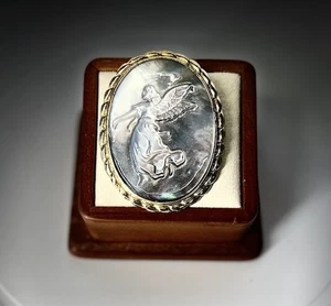 Vintage geschnitzte Abalone Muschel Engel Kamee Brosche Anstecknadel Anhänger 10kt vergoldet - Bild 1 von 6