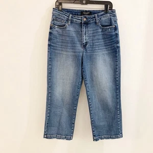 Pantalones de mezclilla azul capri de tiro alto Judy azul pierna recta, cintura elástica, talla 13/31 - Imagen 1 de 12