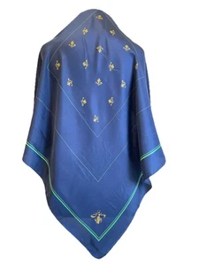 H6# Vintage Schal mit Bienendruck dunkelblau grün Borte adretter Stil - Bild 1 von 3