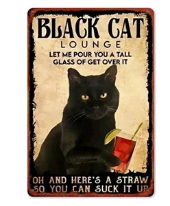 "Black Cat Drink Tin Sign, Bar Decor, Retro Metal 8x12, Cafe Wall Art" - Picture 1 of 8