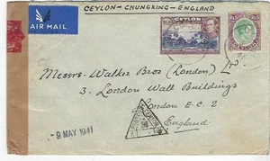 Ceylon 1941 airmail censored cover to England via Chungking franked 1r and 5r - Picture 1 of 2