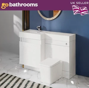 White Gloss Toilet and Sink Vanity Unit 1200mm Left Hand Bathroom Sink Unit - Picture 1 of 7