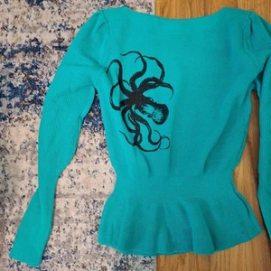 Sweater VTG 60s 70s 80's Andrew St John Teal Sweater Knit Top M/L with Octopus - Picture 1 of 7