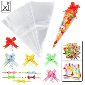 Clear Cellophane Cone Sweet Bags Small Large Sweetie Party Bag Gift Cones + Bows - Picture 1 of 72