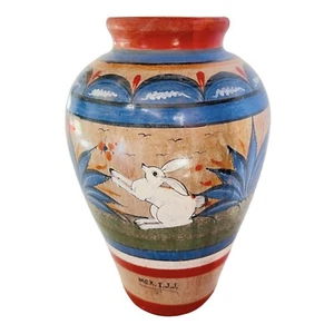 Vintage 40’s Mexican Folk Mexico Art Pottery Bunny White Ornate Vase I.J.J. IJJ - Picture 1 of 12