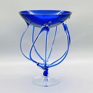 VTG XL 10" KROSNO Poland ART GLASS Jellyfish COBALT BLUE Pedestal BOWL SCULPTURE - Picture 1 of 11