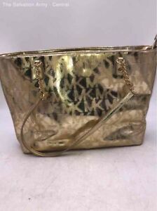 Michael Kors Womens Metallic Gold Monogram Leather Double Handle Tote Bag