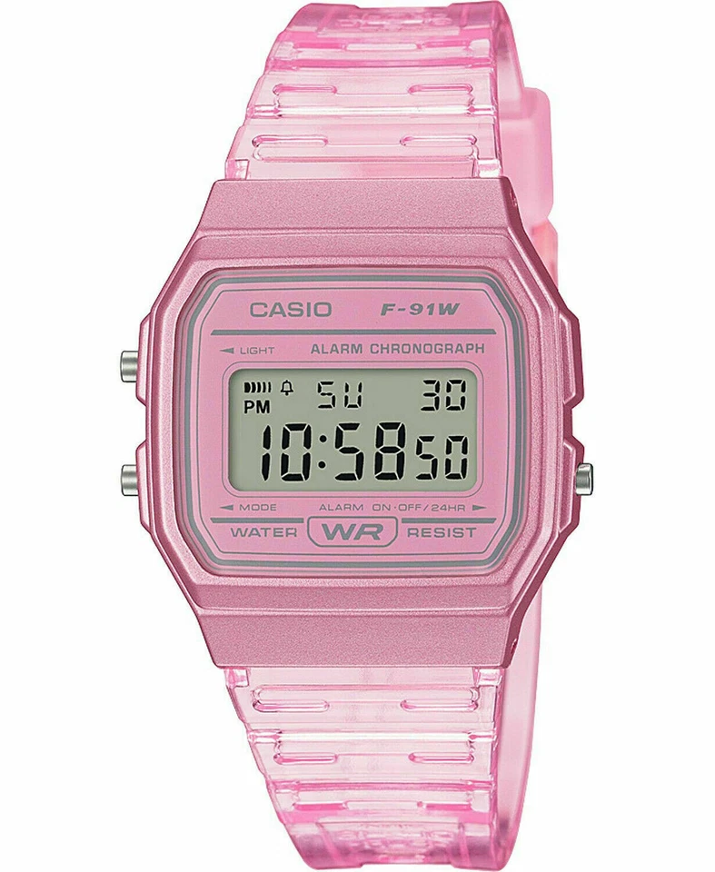Casio F91ws-4 Digital Chronograph Watch Pink Jelly Resin Band Alarm Date