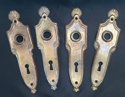 4 Brass Art Nouveau Door Knob Backplates w/ Key Holes 6 3/4" x 1 3/4" GS00285 - Image 1 of 4