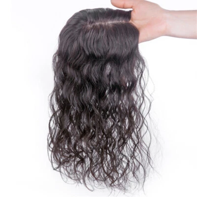 Women Curly Wave Silk Base  Real Human Hair Topper Toupee Clip Hairpiece Lace PU - Image 1 of 4