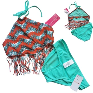 Girls Swimwear Gossip Girl Cactus Fringe 2 Pc Bikini Set SZ 10 Burnt Orange Blue - Picture 1 of 7
