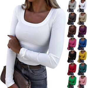 Women Slim Bottom T-shirt Casual Solid Color U Neck Pullover Long Sleeve Top