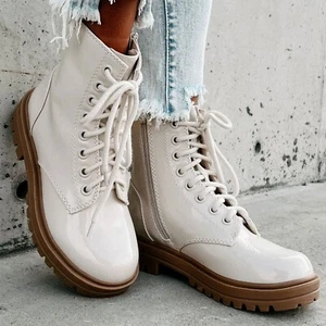 New Beige Lace Up Combat Boots Ankle Booties Block Heel Lug Platform Round Toe - Picture 1 of 7