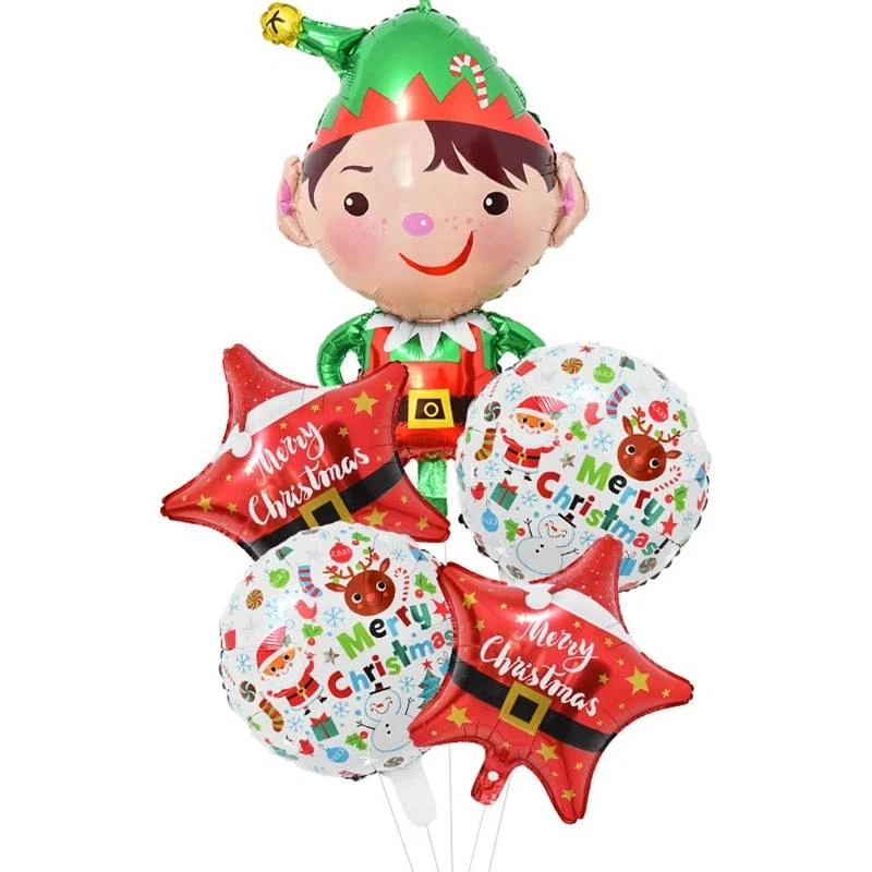 Set of 5 Cute Foil Elf Christmas Balloons Santa Xmas Party Kids Free Ribbon UK - Image 1 of 1