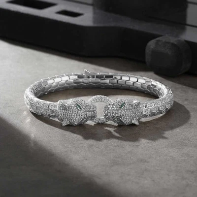 18k White Gold Round Lab Grown Diamond Panther Head Emerald Eye Cuf Bracelet Men - Image 1 of 4