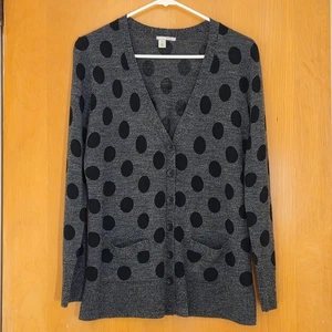 Halogen 100% Merino Wool Cardigan Sweater Size Med Petite Gray Black Polka Dot - Picture 1 of 8