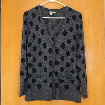 Halogen 100% Merino Wool Cardigan Sweater Size Med Petite Gray Black Polka Dot - Image 1 of 4