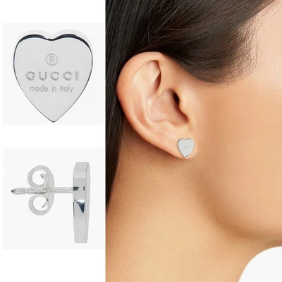 PENDIENTES GUCCI PLATA ESTERLINA CORAZÓN TACHUELA MARCA LOGO FORMA ALARGADA Foto 1 de 4