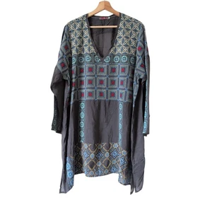 Camicetta tunica Johnny Was donna 1X ricamata in rayon setoso arricciata boho hippie - Foto 1 di 8