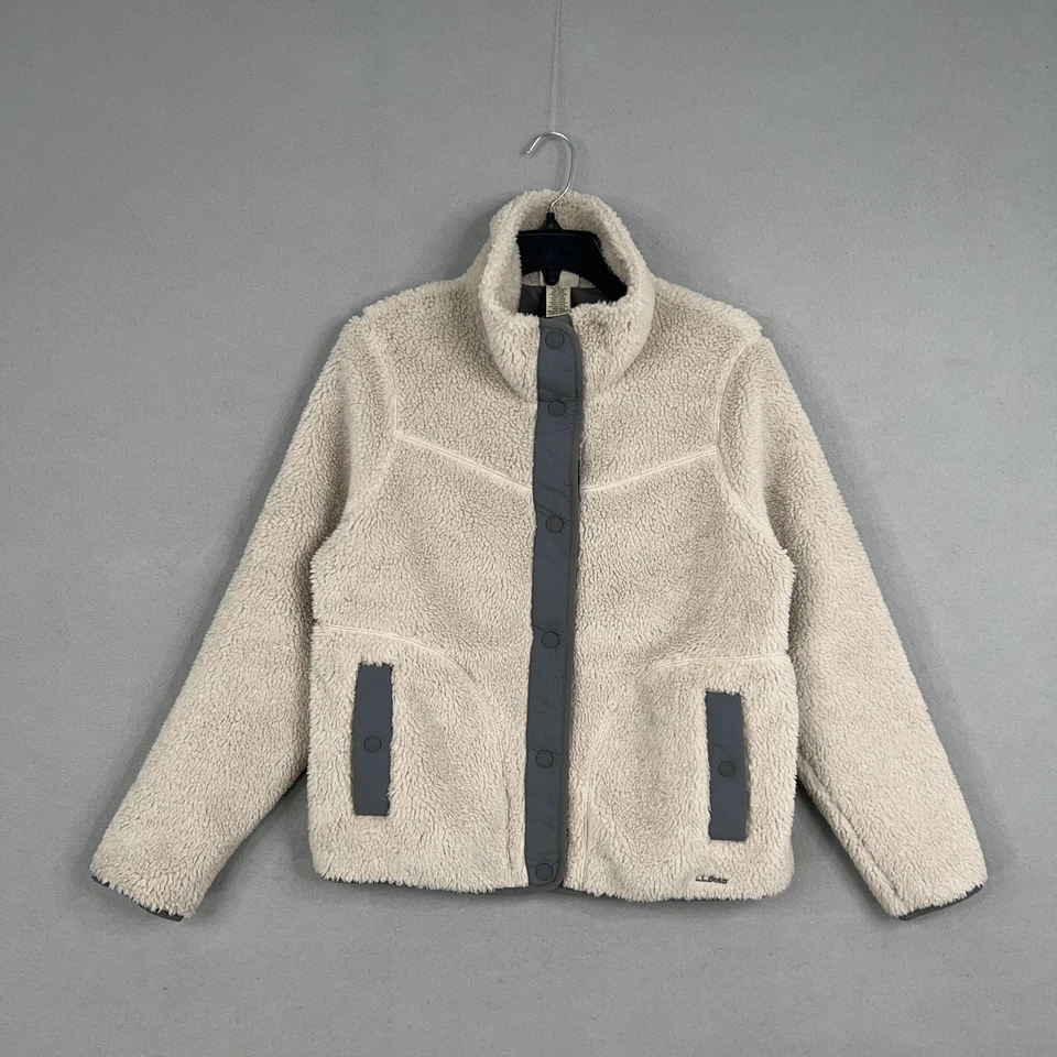 L.L.Bean Jacket Womens Medium Cream Gray Sherpa Fleece Snap Front High Pile Warm - Image 1 of 4