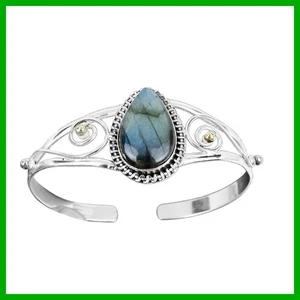 Daughters Day Deal 18K Gold Vermeil Labradorite Stone Wife Gift Bangle Bracelet - Picture 1 of 13