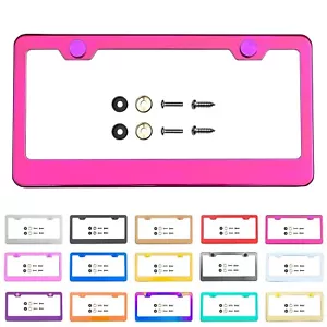 License Plate Frame Raspberry Pink Powder Coated Stainless Steel Screw Metal Cap - Bild 1 von 8