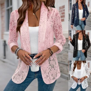 Womens Lace See Through Cardigan Open Front Coat Ladies Work Casual Tops Jackets - Picture 1 of 27