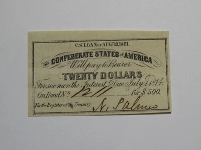 $20 1861 Confederate Bond Coupon Certificate Currency Bank Note Bill UNC - Image 1 of 2
