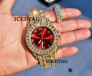 MENS BLING-ED OUT GOLD PT LAB DIAMOND LUXURY RED DIAL WATCH, FULL ICED RING SET - Picture 1 of 4