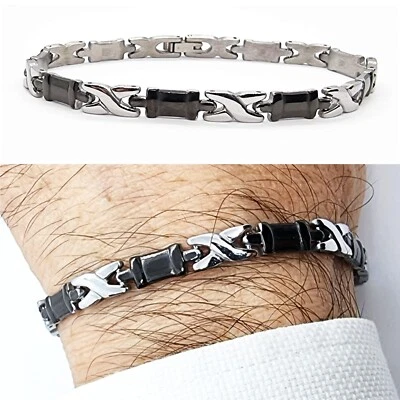 Bracciale da uomo in acciaio inox braccialetto a maglia cinturino argento e nero - Immagine 1 di 4