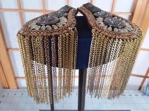 Two Chain Mesh Fringed Epaulets Dark Light Silver + Gold + Brass Tones Felt Back - Picture 1 of 6