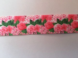 Grosgrain Floral Flowers Pink Roses Ribbon 1" 25mm - Picture 1 of 1
