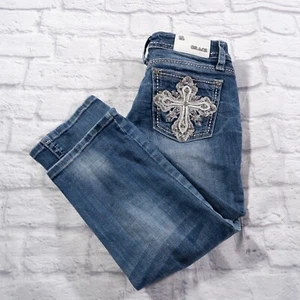Grace in LA Embroidered Cross Pocket Rhinestones Crop Womens Blue Jeans Sz 9 - Picture 1 of 15