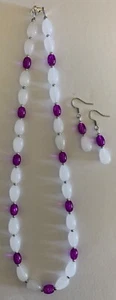 18” Purple and White Glass Beaded Necklace and Earring Set - Picture 1 of 5