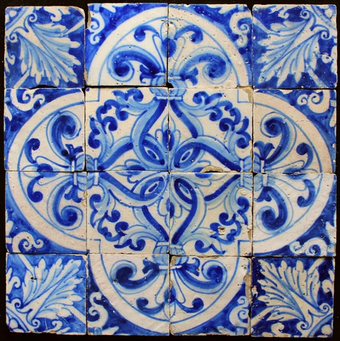 16 beautiful original antique Portuguese tiles 17th century Azulejos Cover