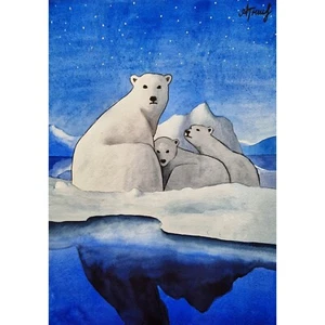Quadro orso polare arte animale dipinto ad acquerello arte originale - Foto 1 di 6