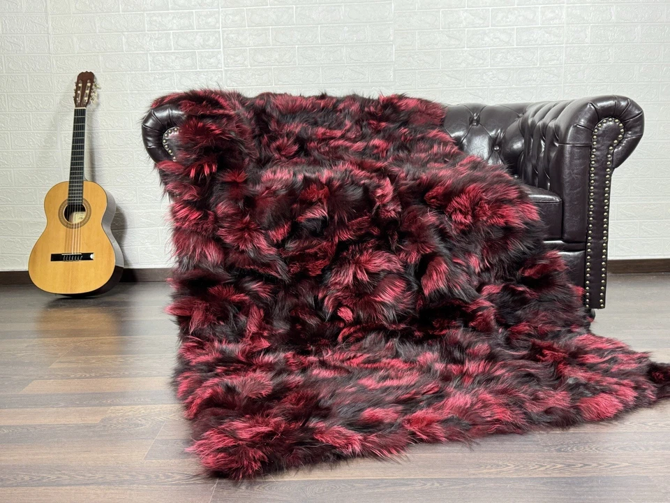 Luxurious Real Fox Fur Throw Blanket Black Red- Handcrafted Warmth for Your Home - Image 1 of 4