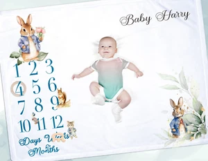 Personalised blue rabbit theme baby milestone blanket , unique photography mat - Picture 1 of 2