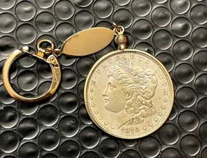 Antique 1878 MORGAN SILVER Dollar 90% Silver Coin in Bezel Chain Link Key Ring - Picture 1 of 3