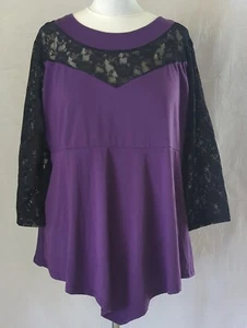 Women's Long Sleeve Purple Blouse with Black Rose Lace Sleeves - 3XL - Picture 1 of 7