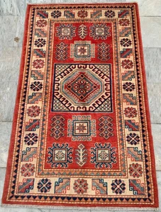 Alfombra colorida tradicional afgana de lujo hecha a mano de 3x5 pies alfombra kazaja de lana para dormitorio - Imagen 1 de 8