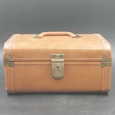 Brown Naugahyde Overnight Train Makeup Case 12" Mirror Liner Water Damage 1950s - Image 1 of 4