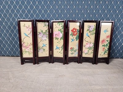 Vintage Handpained Chinese Silk 6 Paneled Folding Screen Tabletop Birds Flowers - Image 1 of 4