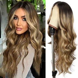Highlight Brown Lace Front Wig Long Wavy Ombre Brown Blonde 13x4 Synthetic We... - Picture 1 of 7