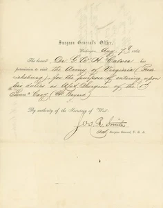 George W.H. Calver Ass't Union Cirujano Guerra Civil Pase Visita Ejército Virginia 1862 - Imagen 1 de 2
