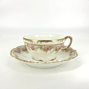 Jean Pouyat Teacup Saucer Limoges Floral Roses Porcelain JPL France Antique - Picture 1 of 9